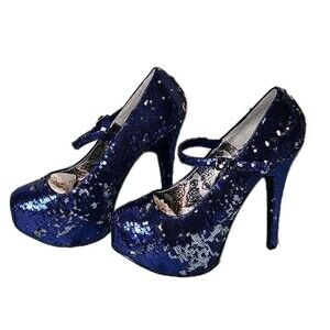 Bordello  Blue Silver Sequins Heels Maryjane Concealed Platform Shoes Size 7